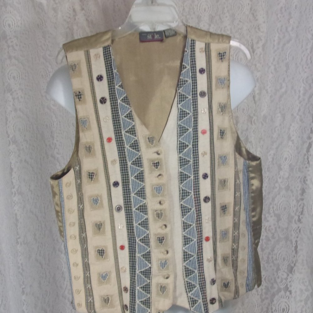 New York Style Patchwork Vest Beige Blue Gold NWOT Size L